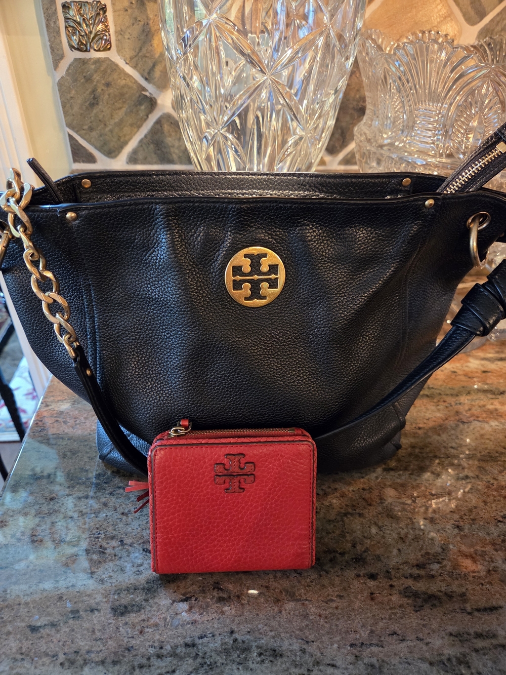 Tory Burch Black Pebbled Leather Shoulder Bag with Red Zip Wallet
